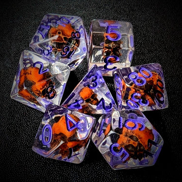 Orange Skull in Clear Resin - 7pcs RPG Full Dice Set